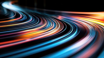 Vibrant light trails create dynamic motion with blue, orange, and white hues on a dark background, evoking speed and fluidity.