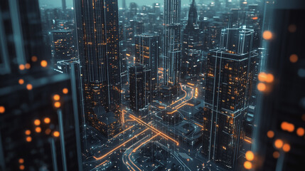 Obraz premium Smart digital Innovation city with connection network reciprocity over the twilight cityscape. of future smart wireless digital city and social media networking systems that connects people with city 