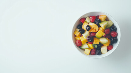 Colorful fruit salad in a bowl on white background, healthy snack
