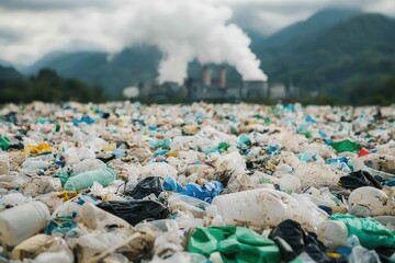 Toxins and pollution from industry. Littered landscape with plastic waste and industrial pollution in the background.
