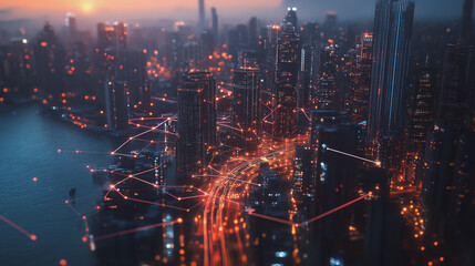 Obraz premium Smart digital Innovation city with connection network reciprocity over the twilight cityscape. of future smart wireless digital city and social media networking systems that connects people with city 