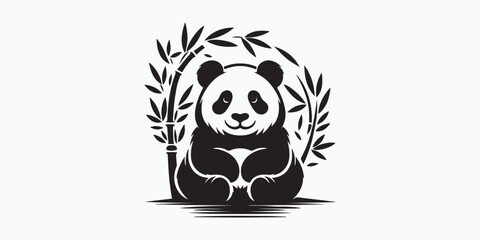 Sitting Panda with Bamboo Wreath – Zen Giant Panda Mascot Holding Paws, Nature Conservation Logo Sticker Emblem and T Shirt Graphic, Clean Black and White Vector Illustration