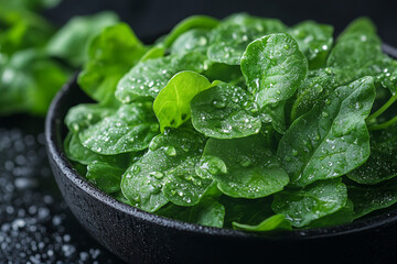 Fresh Dewy Spinach Leaves in a Dark Bowl