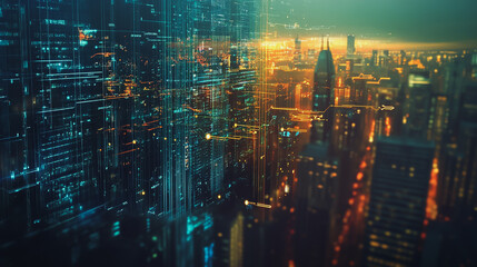 Obraz premium Smart digital Innovation city with connection network reciprocity over the twilight cityscape. of future smart wireless digital city and social media networking systems that connects people with city 