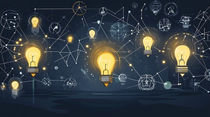 Infographic of innovation hubs abstract light bulb icons and interconnected geometric nodes symbolizing the dynamic environment where new ideas and technologies emerge