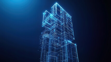 Hyper-realistic holographic blueprint of a futuristic skyscraper, floating mid-air, glowing neon beams illuminating intricate architecture