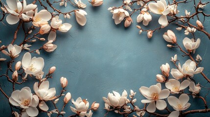 Obraz premium Elegant Wreath of Delicate White Flowers on a Vibrant Blue Background Creating a Refreshing and Cheerful Atmosphere Perfect for Celebrations or Home Decor Enhancements for Various Occasions