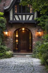 Fototapeta premium Charming brick entrance with lanterns and lush greenery leading to a rustic home at dusk, showcasing the beauty of classic architecture in a serene setting