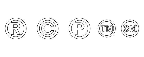 Copyright, registered trademark, patent, trademark, service mark outline style icons vector set isolated on white background.