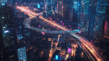 Fototapeta premium Smart digital Innovation city with connection network reciprocity over the twilight cityscape. of future smart wireless digital city and social media networking systems that connects people with city 
