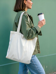 Young Woman Walking Down the Street Carrying a Tote Bag and Coffee Cup