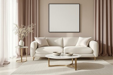 Wall poster frame mockup in Japandi interior. Modern living room design with blank wall. Minimalist home decor and 3D render background.