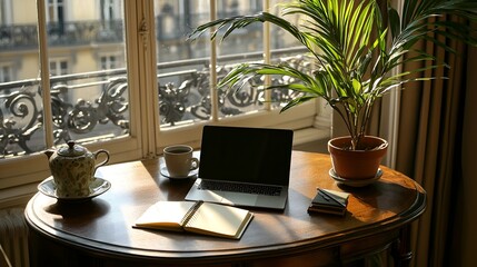 Fototapeta premium Parisian apartment, laptop workspace, sunlit window, city view, home office