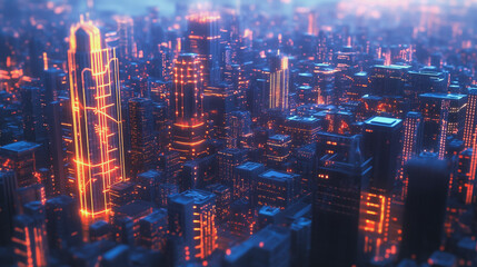 Fototapeta premium Smart digital Innovation city with connection network reciprocity over the twilight cityscape. of future smart wireless digital city and social media networking systems that connects people with city 