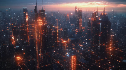 Fototapeta premium Smart digital Innovation city with connection network reciprocity over the twilight cityscape. of future smart wireless digital city and social media networking systems that connects people with city 