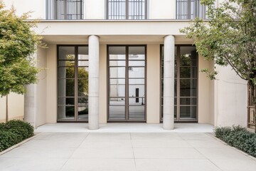Elegant modern architecture featuring large glass doors and symmetrical columns set in a serene outdoor space surrounded by greenery