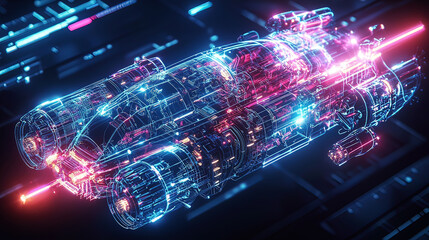 Hyper-realistic holographic blueprint of a futuristic vehicle, floating mid-air, glowing neon beams illuminating intricate mechanics