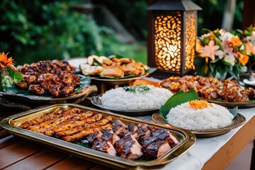 Obraz premium A beautifully arranged table showcases platters of rice and grilled meats, adorned with floral accents and a large ornate lantern casting a warm glow, perfect for a Ramadan Iftar celebration