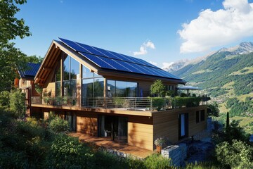 Obraz premium Modern eco-friendly house with solar panels in a mountainous landscape surrounded by green trees under a clear blue sky during daytime