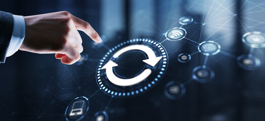 Businessman touching icon Update software application. Hardware upgrade technology concept