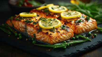 Lemon Herb Salmon, plated, kitchen, peas, recipe