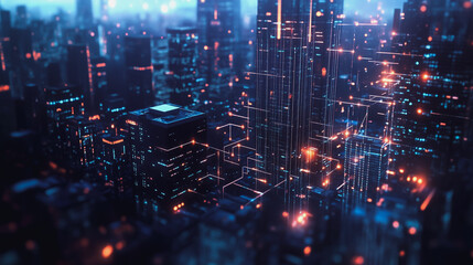 Obraz premium Smart digital Innovation city with connection network reciprocity over the twilight cityscape. of future smart wireless digital city and social media networking systems that connects people with city 