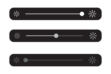 Brightness Slider set on white background. Maximum, medium and low Light Isolated Sign. Dark, bright control screen. Day, night volume panel. Vector illustration.