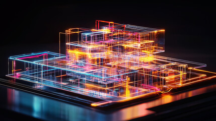 Hyper-realistic holographic display of a 3D architectural plan, glowing neon beams illuminating the structure