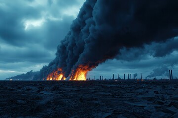Toxins and pollution from industry. Destructive fire and smoke billowing over a dark landscape.