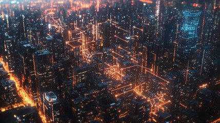 Obraz premium Smart digital Innovation city with connection network reciprocity over the twilight cityscape. of future smart wireless digital city and social media networking systems that connects people with city 