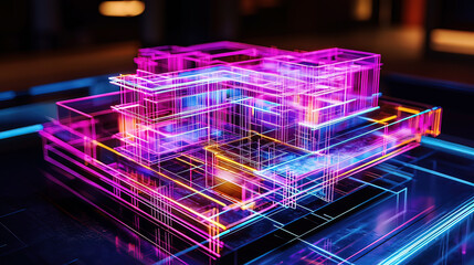 Hyper-realistic holographic display of a 3D architectural plan, glowing neon beams illuminating the structure