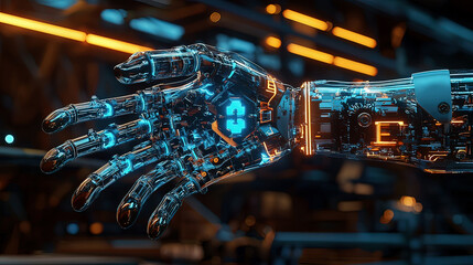 Hyper-realistic holographic display of a 3D robot arm, floating mid-air, glowing neon beams illuminating intricate mechanics