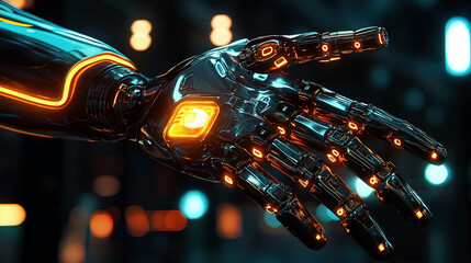 Hyper-realistic holographic display of a futuristic robot arm, floating mid-air, glowing neon beams illuminating mechanical details