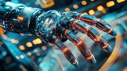 Hyper-realistic holographic display of a futuristic robot arm, floating mid-air, glowing neon beams illuminating mechanical details