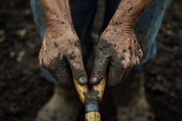 Fototapeta premium Hands gripping a shovel with dirt, showcasing the hard work of gardening in a sunny outdoor setting