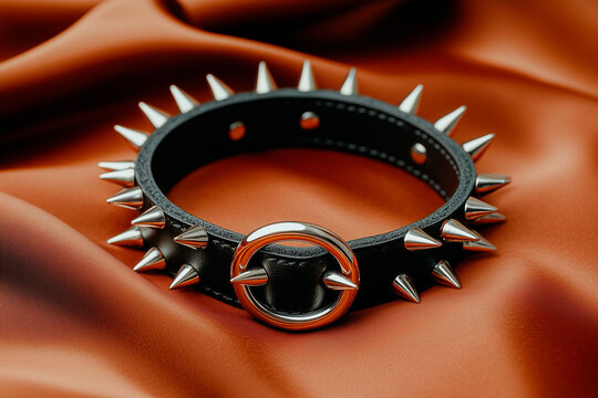 Black Leather Collar with Metal Spikes on Satin Fabric