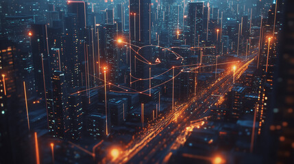 Naklejka premium Smart digital Innovation city with connection network reciprocity over the twilight cityscape. of future smart wireless digital city and social media networking systems that connects people with city 