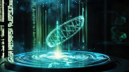 Hyper-realistic holographic display of a rotating DNA strand, glowing blue and green beams illuminating the sequence