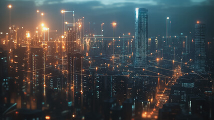 Obraz premium Smart digital Innovation city with connection network reciprocity over the twilight cityscape. of future smart wireless digital city and social media networking systems that connects people with city 