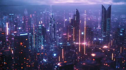 Obraz premium Smart digital Innovation city with connection network reciprocity over the twilight cityscape. of future smart wireless digital city and social media networking systems that connects people with city 