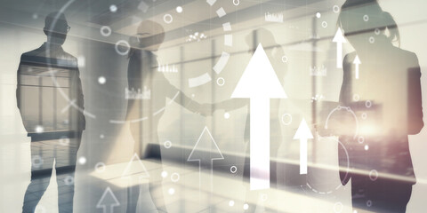 "Business intelligence dashboard and arrows up, key performance indicators on a virtual screen computer interface