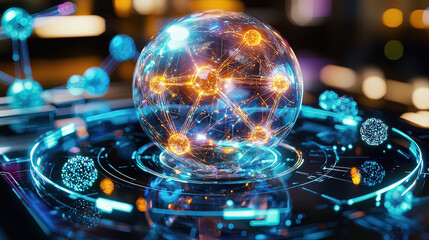 Hyper-realistic holographic display of a rotating molecular structure, glowing neon beams illuminating intricate atoms, futuristic lab