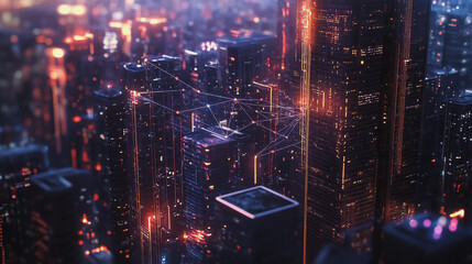 Fototapeta premium Smart digital Innovation city with connection network reciprocity over the twilight cityscape. of future smart wireless digital city and social media networking systems that connects people with city 