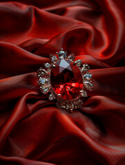 Fototapeta premium Red Gemstone Ring on Red Satin Fabric