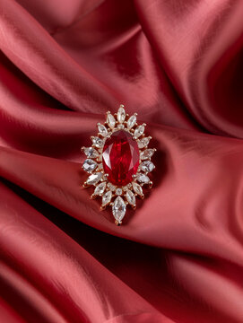 Red Ruby and Diamond Pendant on Red Satin Fabric