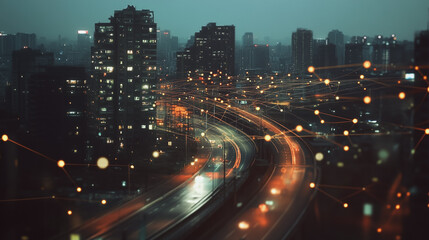 Obraz premium Smart digital Innovation city with connection network reciprocity over the twilight cityscape. of future smart wireless digital city and social media networking systems that connects people with city 