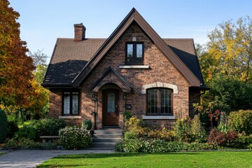 Charming brick house with a cozy garden features colorful fall foliage under a clear blue sky in a peaceful suburban neighborhood