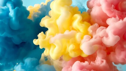 Colorful swirling clouds in pink, yellow, and blue create a vibrant abstract display
