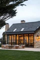 Fototapeta premium A contemporary stone house featuring expansive windows and inviting outdoor seating, set against a tranquil landscape bathed in the warm hues of dusk