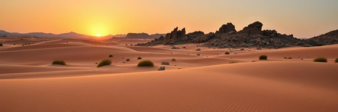 Desert landscape with sandy dunes and rocky outcrops at sunset, dry earth, gravel